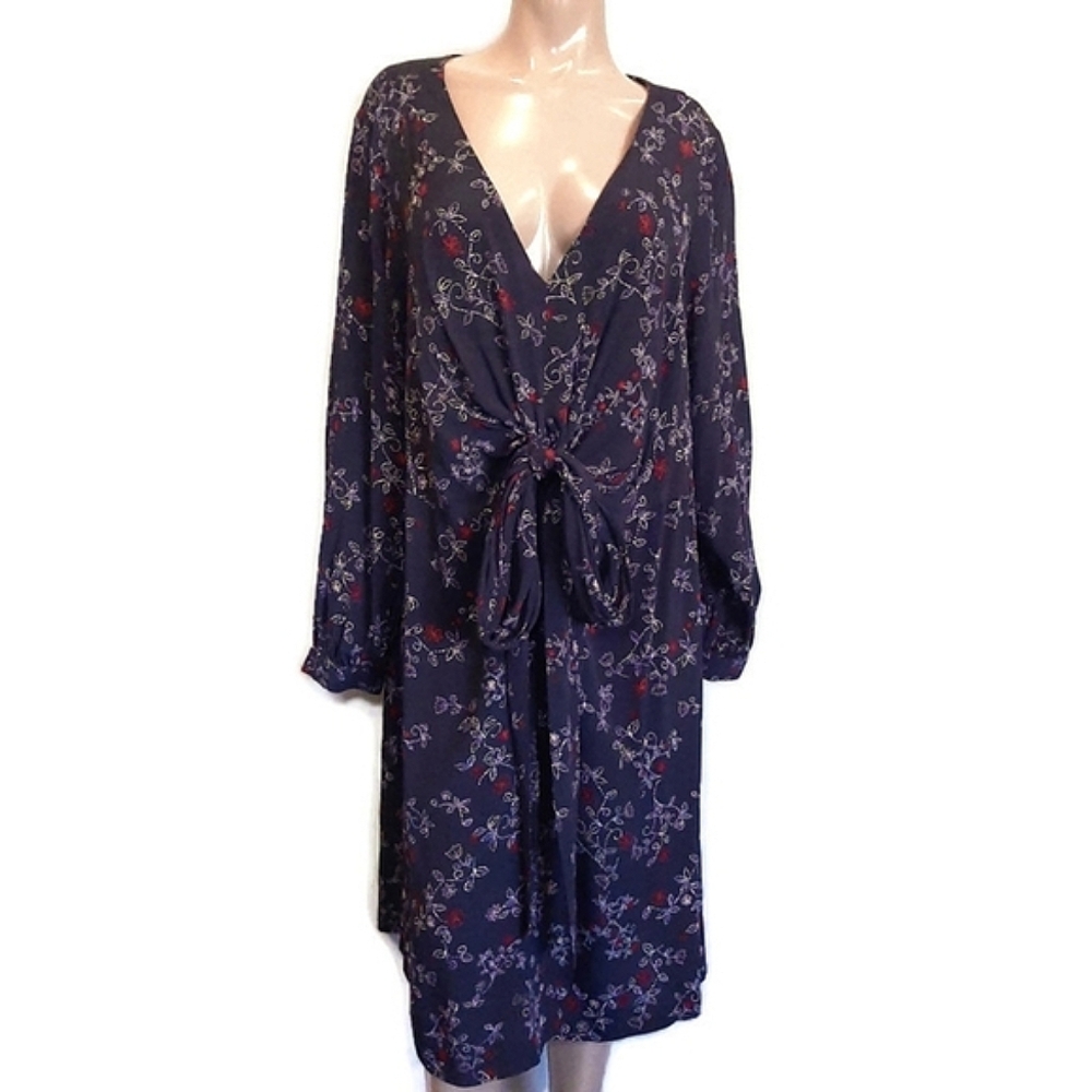 Michel Studio Vneck Gathered Tie Front Floral Dress Long Sleeve Viscose Size 22